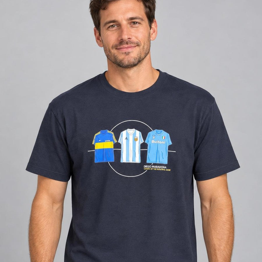 Navy Diego Maradona t-shirt showing his Boca Juniors, Argentina and Napoli shirts