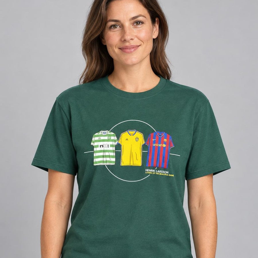 Green Henrik Larsson t-shirt showing his Celtic, Sweden and Barcelona shirts