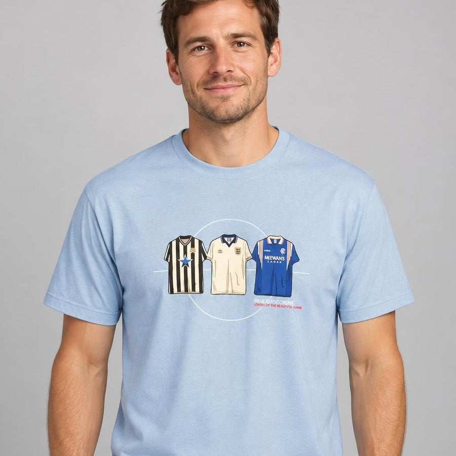 Sky blue Paul Gascoigne t-shirt showing his Newcastle, England and Rangers shirts